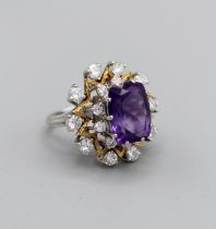 An unusual Amethyst and diamond set cocktail ring, in 18ct white gold with a distinctive star