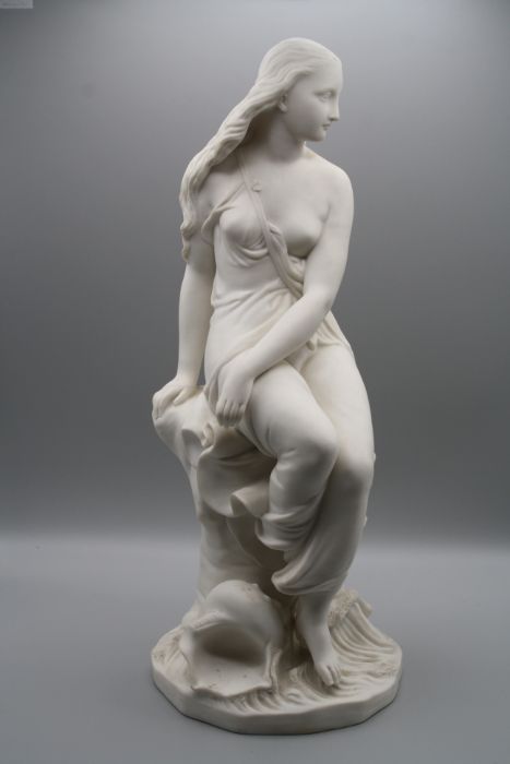 Minton, a 19th century parian figure of Miranda, seated upon a rock with shell and waves at her - Image 2 of 7