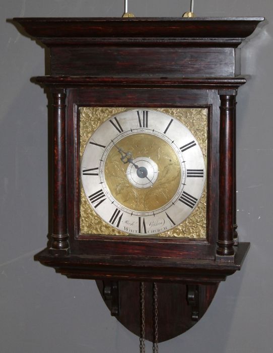 Richard Gilkes, Whitchurch. Thirty hour hooded wall clock with alarm. 10'' brass dial with - Image 4 of 4