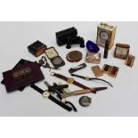 A mixed lot of collectors items to include an Imhof carriage type alarm clock, small cased pair of