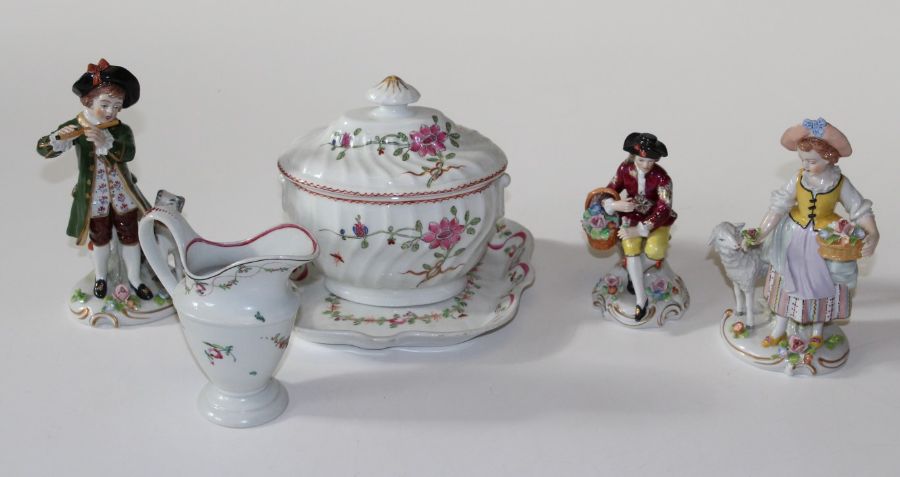 A pair of Sitzendorf porcelain figures of a Piper and Shepherdess, 17cm, a Capodimonte figure of a