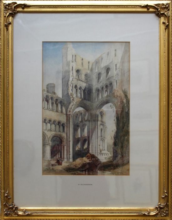 William Richardson ( British 1814-1899) Seated figures and Abbey ruins. Watercolour, signed lower
