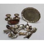 A Continental silver waiter with presentation inscription, a pair of Continental silver