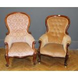 A Victorian walnut framed gentleman's chair upholstered in pastel button down velvet dralon,
