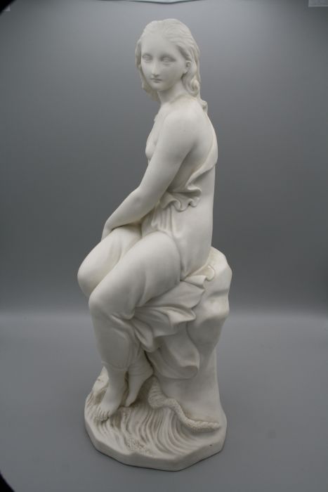 Minton, a 19th century parian figure of Miranda, seated upon a rock with shell and waves at her - Image 6 of 7