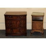A small reproduction mahogany veneer bowfront chest of four drawers, 71 x 68 x 44cm, together with a