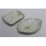 Two 19th century Wedgwood leaf moulded dishes, each with raised green vein decoration. The largest