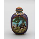 Chinese snuff bottle. Metal Cloisonné enamel, of rounded rectangular form with a raised footrim,