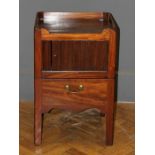 A George III mahogany tray top night commode, with tambour cupboard and chequer strung pull out