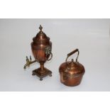 A late George III copper and brass samovar raised on a square plinth base and ball feet, H38cm and a