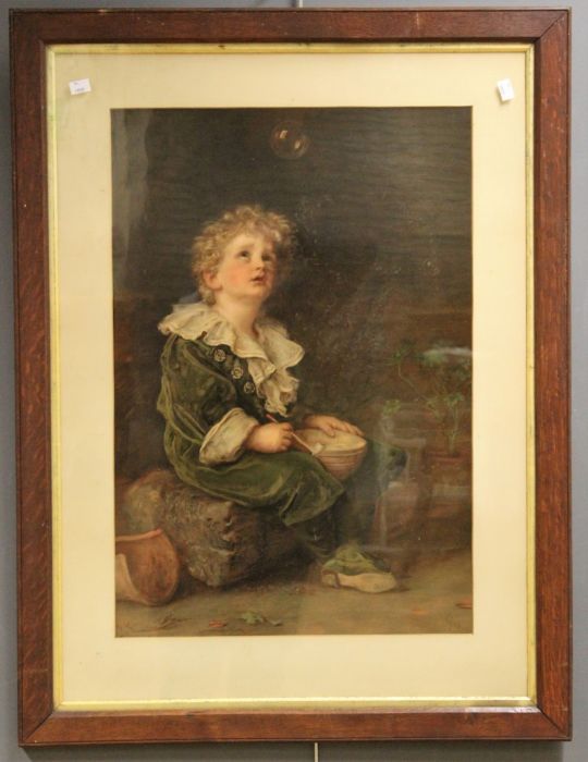 A large Edwardian Pears promotional coloured lithograph, ' Bubbles' , in period oak glazed frame, 99