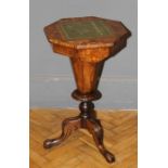 A Victorian walnut 'trumpet' form work table, the floral marquetry and later scriber set top on