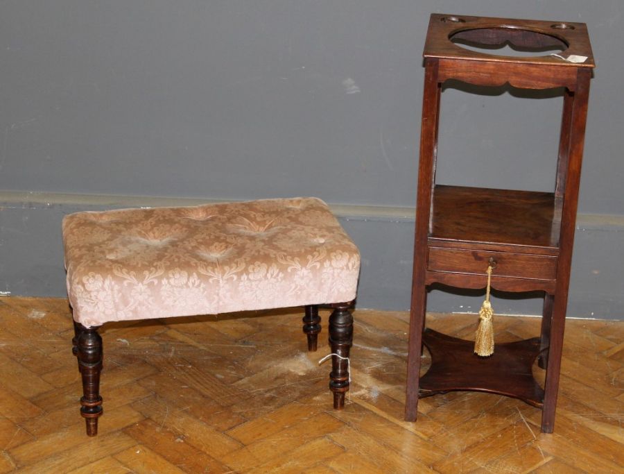 An Edwardian beech framed overstuffed stool raised on turned legs, w54cm and a George III mahogany