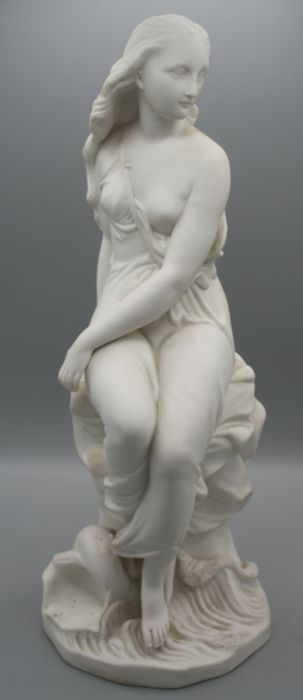 Minton, a 19th century parian figure of Miranda, seated upon a rock with shell and waves at her - Image 3 of 7