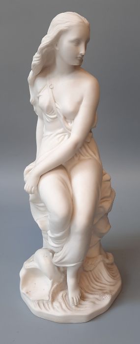 Minton, a 19th century parian figure of Miranda, seated upon a rock with shell and waves at her