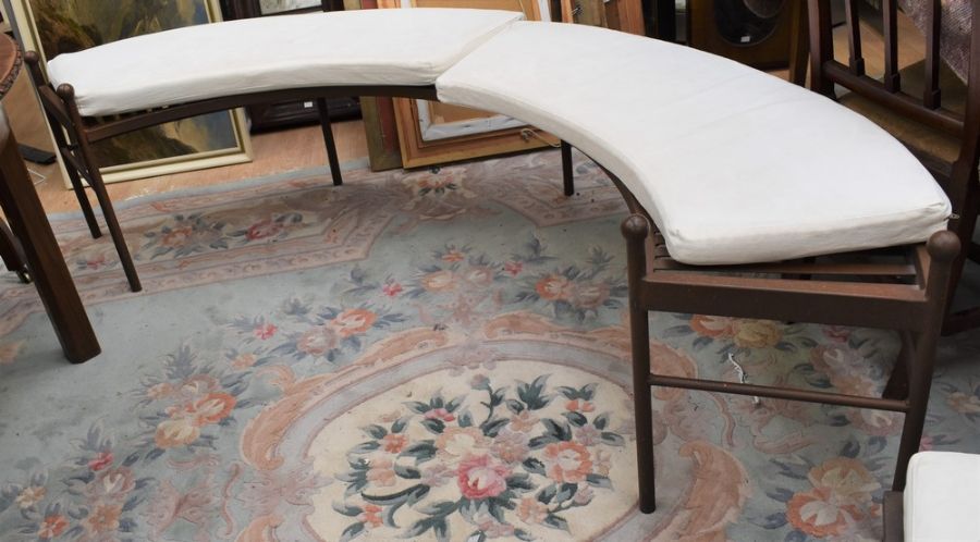 Cast iron framed dining table with marble top, round in form, with half round matching bench and - Image 3 of 5