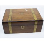 A late Victorian mahogany writing box with brass strapping, ox blood leather writing slope