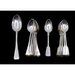 A collection of Victorian silver fiddle and Old English pattern silver teaspoons and a dessert