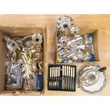 A collection of silver plate to include miscellaneous flatware, three piece tea set, vases,