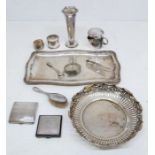 A box of silver plate to include: two compacts, tray, bowl etc (1 box)