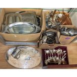 A collection of stainless steel serving dishes and tableware together with EPNS two handled tray;
