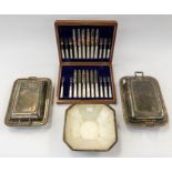 Mother of pearl mahogany cased canteen of cutlery along with two silver plated food tureens and