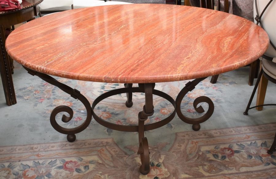 Cast iron framed dining table with marble top, round in form, with half round matching bench and