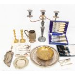A collection of cased plated wares, spoons, crumb tray, flat wares, tray, etc including candlesticks