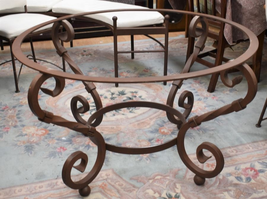 Cast iron framed dining table with marble top, round in form, with half round matching bench and - Image 2 of 5