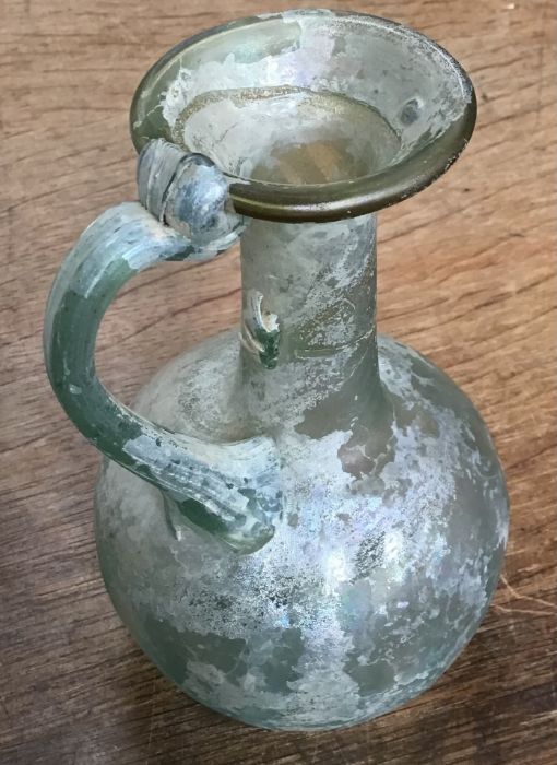 Rare unbroken Roman glass funeral offering wine/oil ever, North African. Approximately 14cm high, - Image 4 of 4