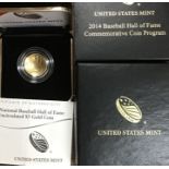 Scarce Limited Edition USA 2014 National Baseball Hall of Fame Uncirculated $5 Gold Coin In Original