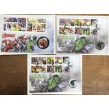 Royal Mint & Royal Mail Silver Medal first day Covers set of Iron Man with two BU Hulk first day