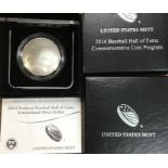 Limited Edition USA 2014 National Baseball Hall of Fame Uncirculated Silver one dollar In Original