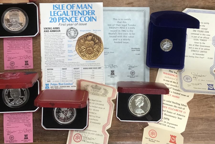 Pobjoy Mint Isle of Man Silver Proof coins in Original Case with Certificate of Authenticity,