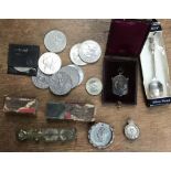 Coins & other items. Includes Victorian Coin weighing scales.