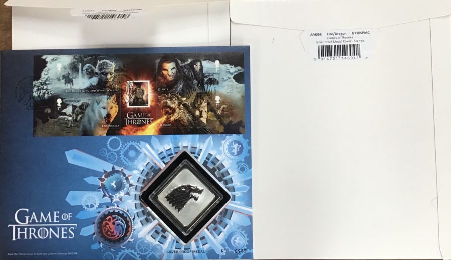 Royal Mint & Royal Mail Game of Thrones Silver medal (39.40g) first day cover of the Ice Wolf and