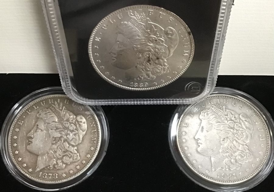 Collection of Silver Coins includes Three US Morgan Dollars of 1878, 1889 and 1921, 2017 Britannia - Image 4 of 4