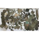 Metal detecting finds, including buckles, coins etc
