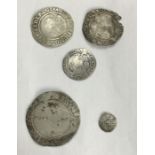 Collection of Elizabeth I & James I hammered silver coins, includes 1567 Sixpence mm coronet, 1571
