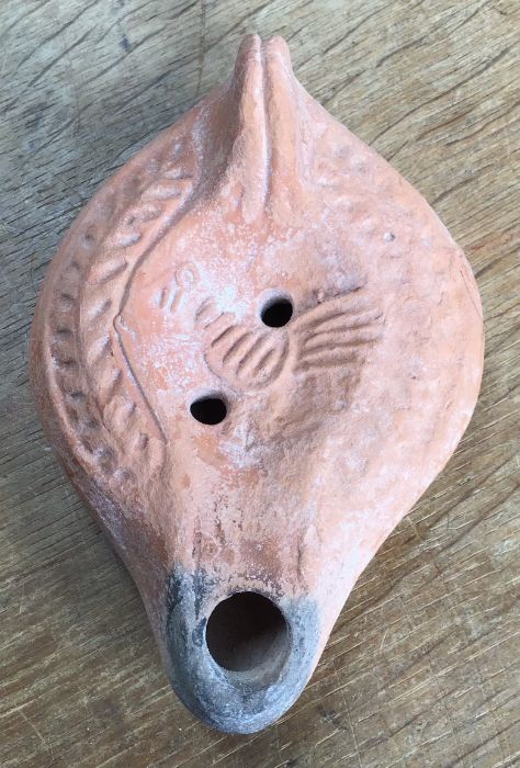 Late Roman North African Grave Offering Decorated Samian oil lamp. Approximately 13cm long and 5cm - Image 2 of 3