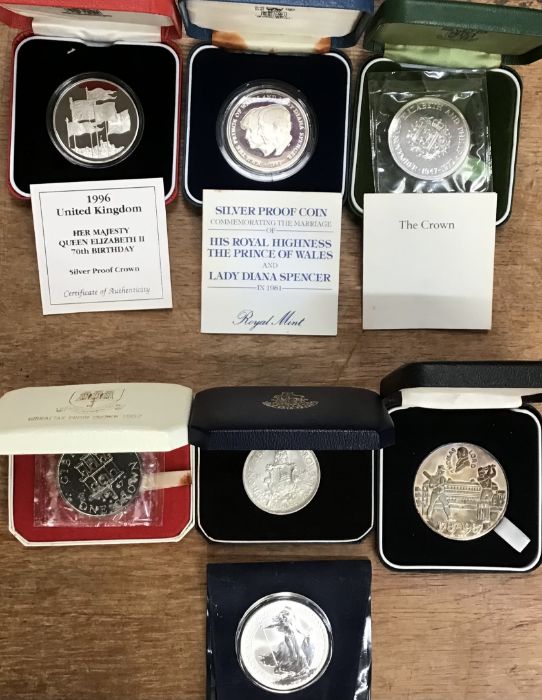 Royal Mint Silver Proof Coins and Medallic issues, includes 1996 £5, 1972, 1981 Crowns, Gibraltar