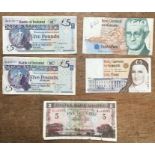 Five Irish Banknotes of 4 x £5 and one £10 from Bank of Ireland, Central Bank of Ireland and