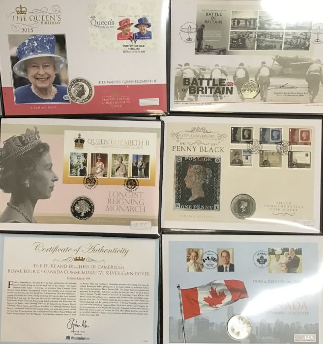 Six Silver Coin First day Covers of  2015 Australian one Dollar, Battle of Britain 50p, 175th