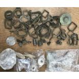 BAG OF MUSKET BALLS, BAG BUCKLES, BAG OF THIMBLES, (5)  SPINDEL WHORES AND  (2) WEIGHTS, BAG OF LEAD