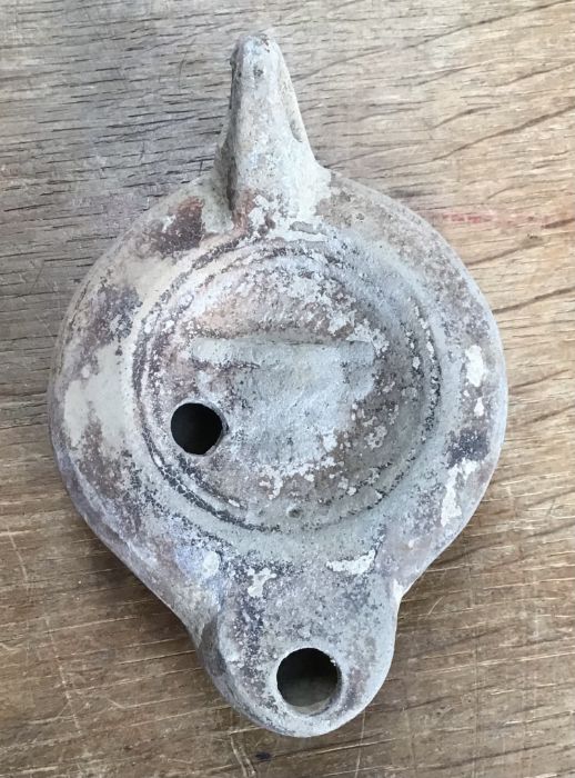 Late Roman North African Grave Offering decorated oil lamp. Approximately 11cm long and 5cm high. - Image 2 of 3