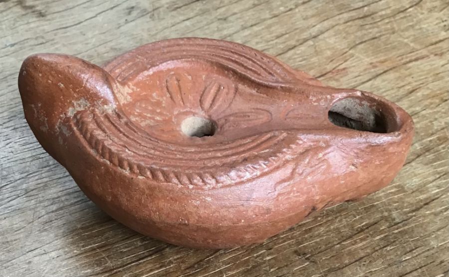 Late Roman North African Grave Offering Decorated Samian oil lamp. Approximately 11cm long and 4.5cm - Image 2 of 3