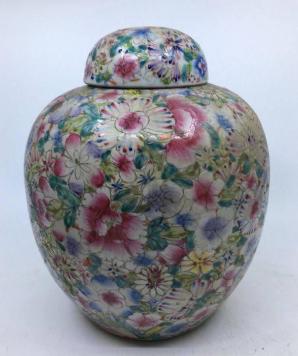 An early 20th century Chinese porcelain garniture Millefleur pattern ginger jar and cover together - Image 2 of 7