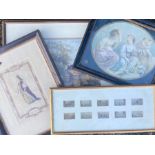 A collection of paintings and prints including an 18th cent print of Queen Anne