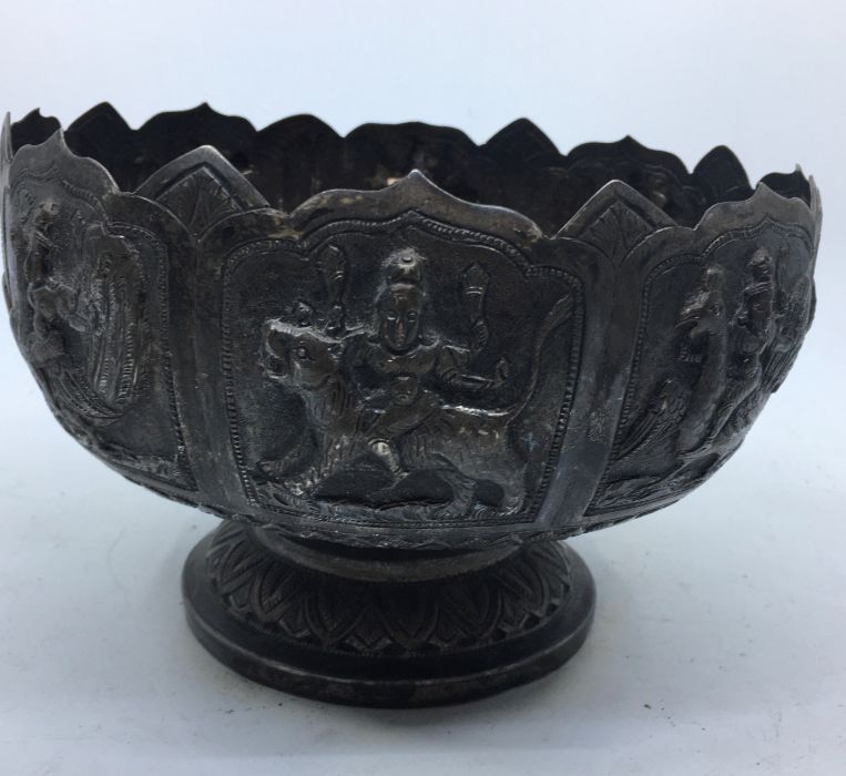 A late 19th/early 20th century Indian white metal pedestal bowl, having eight repousse panels to - Image 2 of 5