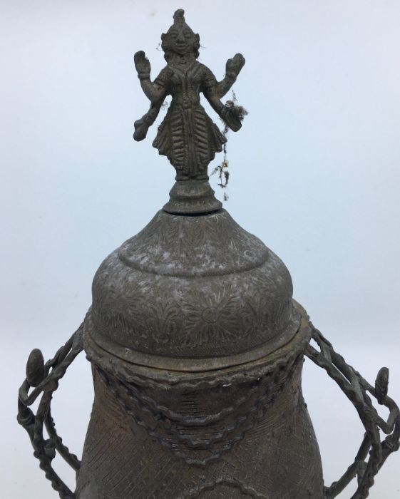 A 20th century Indian bronze twin handled jar, raised upon pierced pedestal foot, the associated - Image 2 of 4